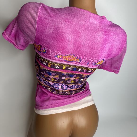 OGIRL Pink Mesh Ethnic Print Double Layer Top Sz XS Y2K Retro Indie Fairycore - Picture 2 of 8